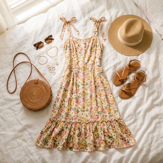 Best Revolve dresses for summer 2026 style guide flat lay with accessories