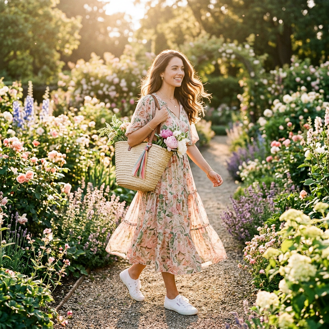 Woman wearing floral midi dress in summer garden with straw tote bag