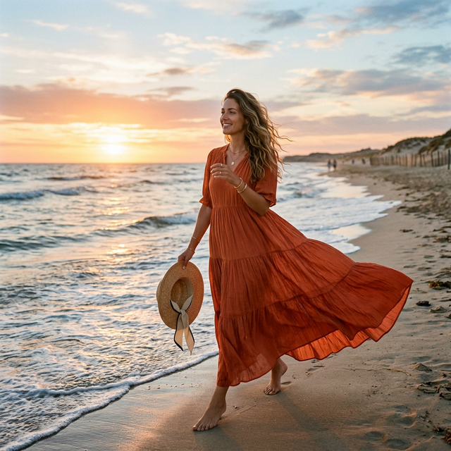 Woman in tiered maxi dress walking on beach at sunset romantic vacation style