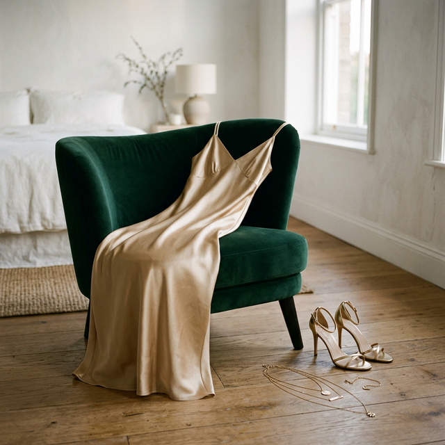 Champagne gold satin slip dress elegant evening fashion with heels and jewelry